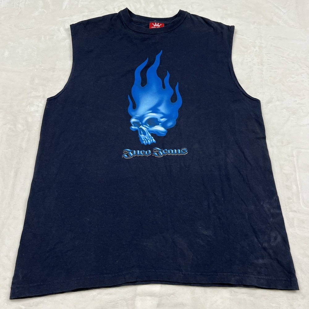 JNCO Jeans Muscle Tee Mens XL Navy Blue Flaming Skull Graphic Sleeveless Tank